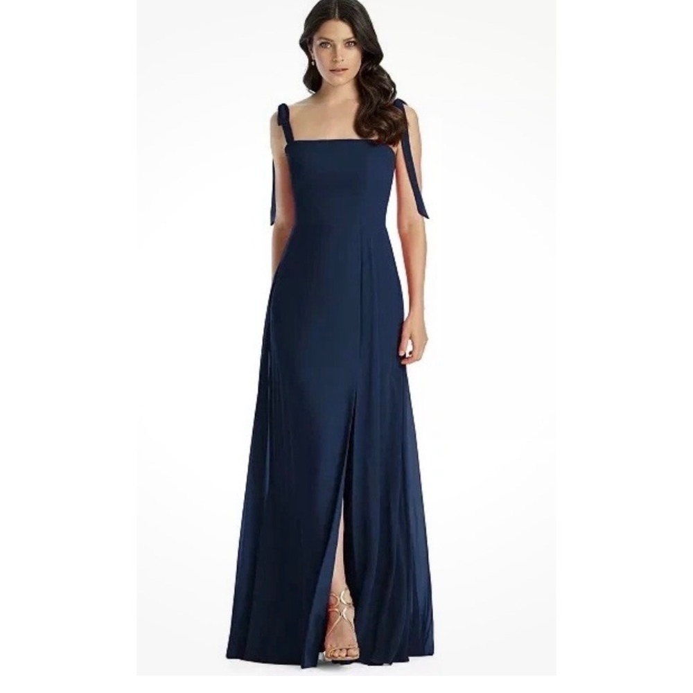 Dessy Collection Vivian Diamond Midnight Blue Tie Shoulder Dress 3042 Sz 16R